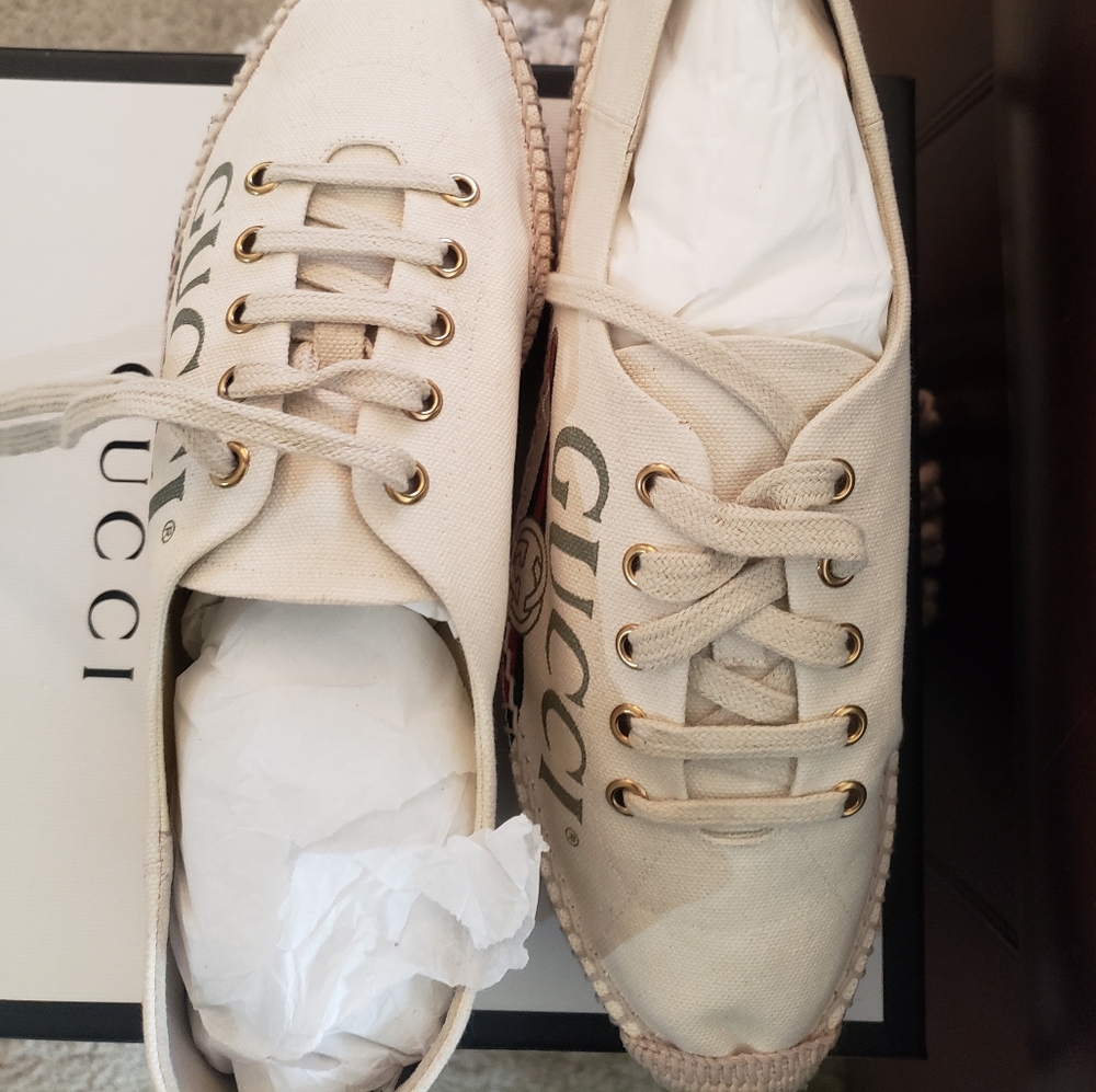 Gucci Cream Canvas Platform Espadrilles with Red and Navy Stripes - Picture 5 of 8